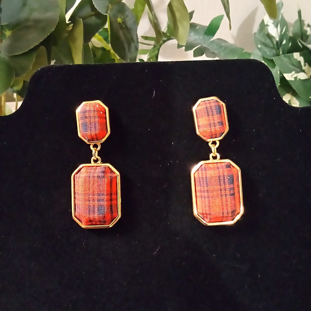 Plaid Red and Gold Earrings